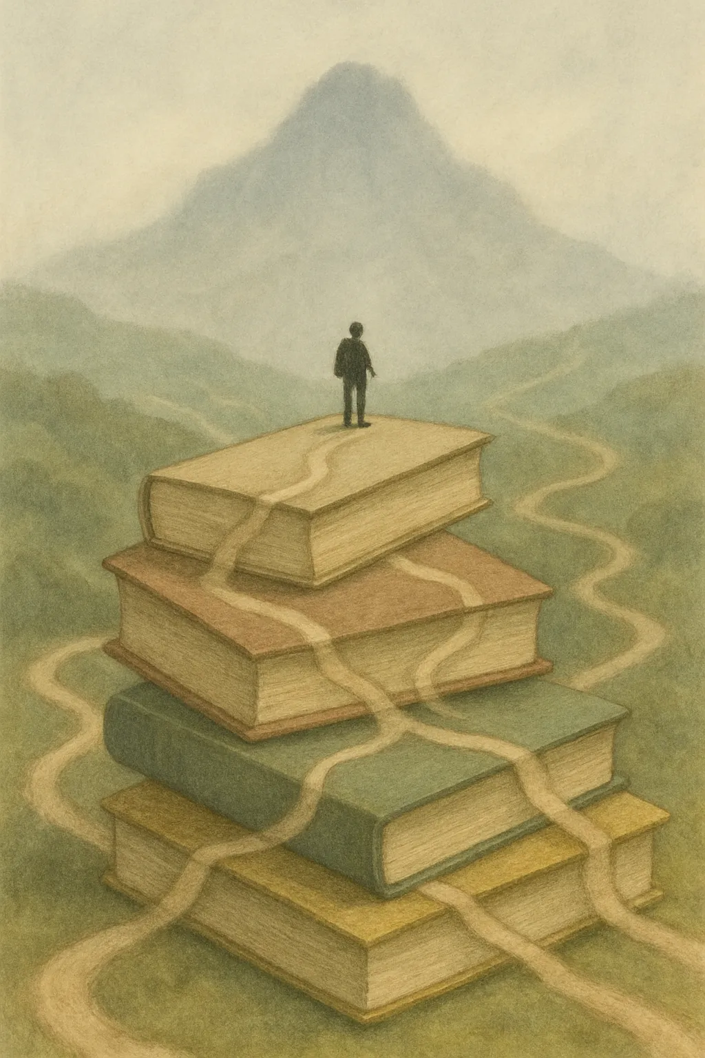 이미지: 흐릿한 산 정상으로 향하는 여러 갈래의 등산로 또는 여러 권의 책 위에 올라선 작은 사람 그림